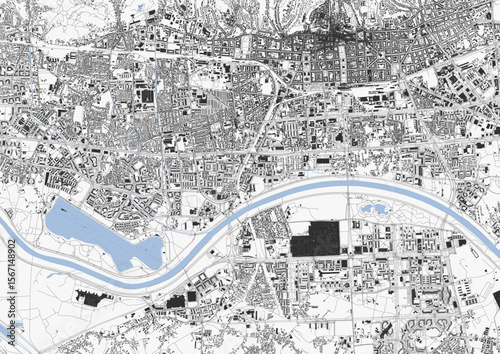 Vector map of Zagreb, Croatia. Shows the city's highways, buildings, and waterways in detail, providing a comprehensive overview of its urban and natural features.