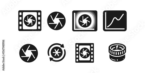 Photography solid icon set. camera, lens, and shutter icons in solid style