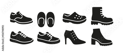 Footwear solid icon set. boots, sneakers, formal shoes, heels collection