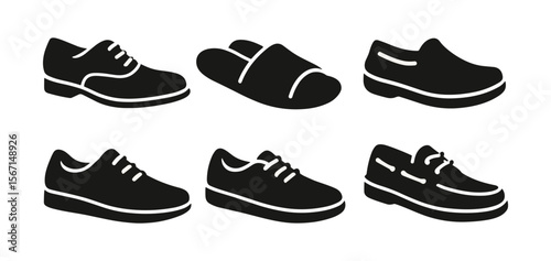 Shoe collection silhouette icon set: sneakers, loafers, sandals, flats, boot icons