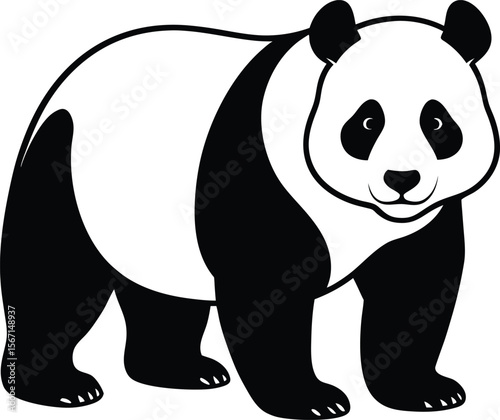 This collection of black and white images depicts various illustrations of pandas, some in different poses like sitting or standing, and others as just their head