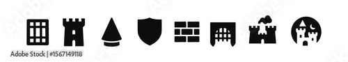 Medieval castle silhouette icon set. fort, tower, shield icons collection