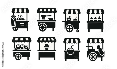 Street food silhouette icon set. food cart illustrations in classic silhouette style