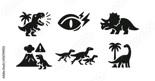 Dinosaur silhouette icon set. prehistoric creatures, jurassic scenes silhouette collection