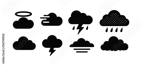 Weather silhouette icon set. cloud, rain, storm, thunder, sun, wind silhouettes