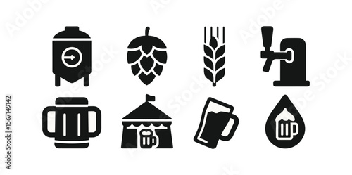 Beer festival solid icon set. brewing, hop, tap, mug, tent, barley, glass icons