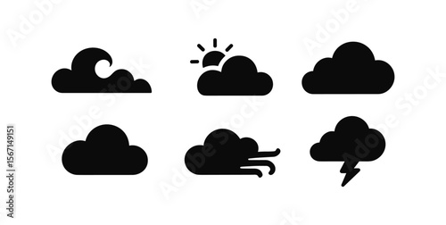 Weather silhouette icon set: clouds, sun, and storm icons collection