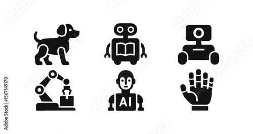 Technology, robotics silhouette icon set. ai, automation, machine learning collection