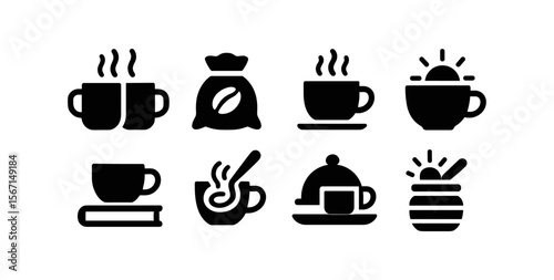 Coffee enthusiast solid icon set. beverage, cafe drink collection for barista art