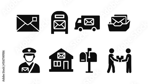 Mail and delivery solid icon set. postal, email, and package symbols collection