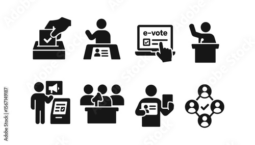 Voting and election silhouette icon set. political participation symbols