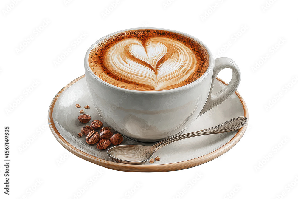 Fototapeta premium PNG Latte art in white ceramic cup with heart design and coffee beans on saucer