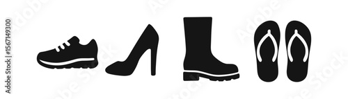 Footwear silhouette icon set. shoes, boots, sandals illustrated in minimalist style