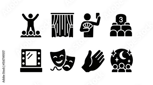 Theater entertainment silhouette icon set. drama, performance, art symbols collection