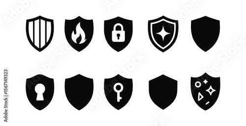 Security, protection silhouette icon set. shield, lock icons silhouette collection