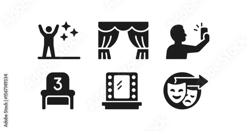 Theater and performance solid icon set: drama, stage, entertainment fonts collection