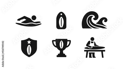 Surfing silhouette icon set. waves, board, trophy, surfboard, swimmer designs