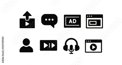 Media, audio, video, user interface solid icon set for digital applications