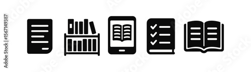 Library and books solid icon set: digital, shelf, literature, mobile, checklist icons