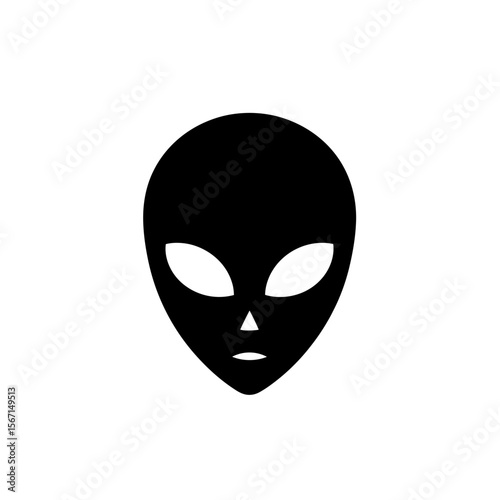 A graphic representation of an extraterrestrial face with large eyes and a pointed chin is displayed here