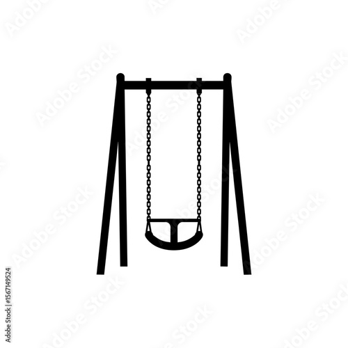 Illustration of a swing set with chains and a seat hanging from a frame in a playground area