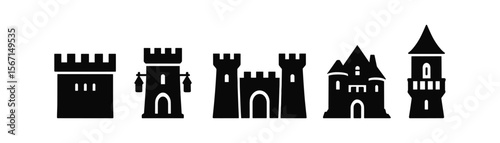Castle and tower silhouette icon set. medieval, fortress, historical icons collection