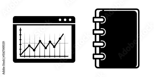 Illustration showing a graph displayed on a screen with a notebook to the right side of the screen