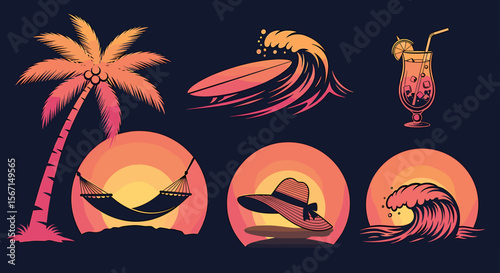 Tropical vacation elements including palm tree, wave, drink, hammock and hat are pictured
