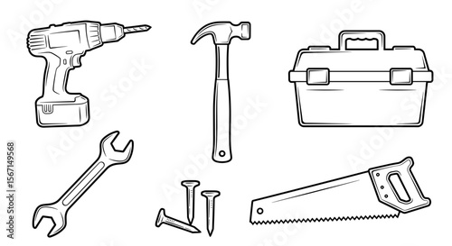 Illustration of a drill, hammer, toolbox, wrench, nails, and saw arranged together nicely