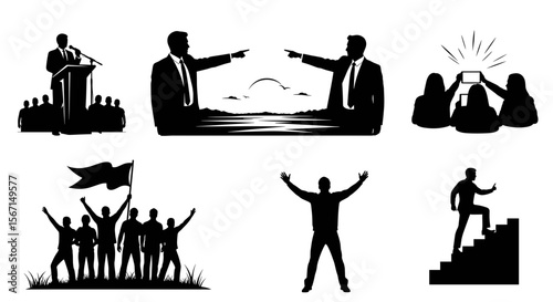 Silhouetted figures depicting leadership, success, and collective action in various settings and poses