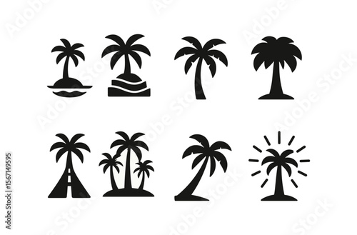 Palm tree silhouette icon set. tropical, nature, summer, beach, forest