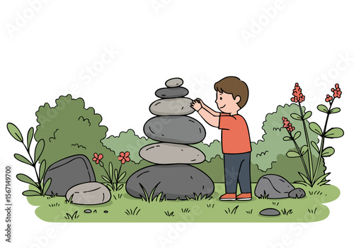 boy carefully builds a stone stack outdoors showcasing balance and focus A serene natural setting with flowers and rocks provides a calming backdrop Perfect for mindfulness and nature themes