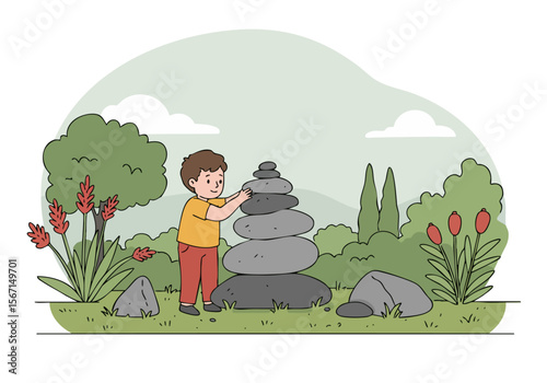 boy carefully builds a stone stack outdoors showcasing patience and focus A serene natural setting with lush greenery provides a calming backdrop  Ideal for concepts of mindfulness and creativity