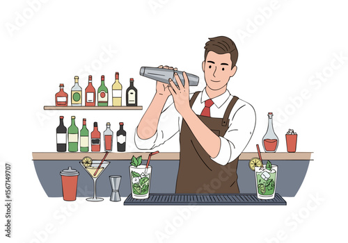 A bartender expertly shakes a mojito, showcasing a refreshing cocktail.  Bright bar setting with various liquors and glasses.  Professional, inviting, and visually appealing.