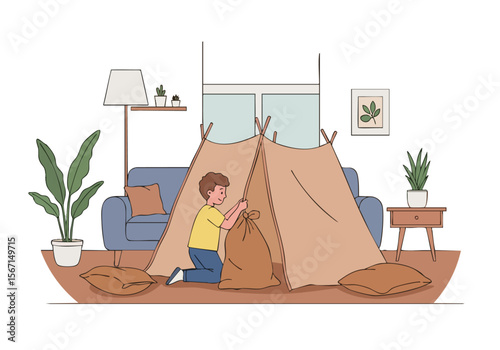 A young boy builds a fort with a blanket and bag in a cozy living room. Playful and imaginative, this image evokes childhood joy and creativity. Soft colors and a warm atmosphere.