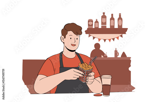 A smiling bartender serves fries in a stylish bar setting. Warm colors and a welcoming atmosphere. Perfect for food, restaurant, or hospitality themes.
