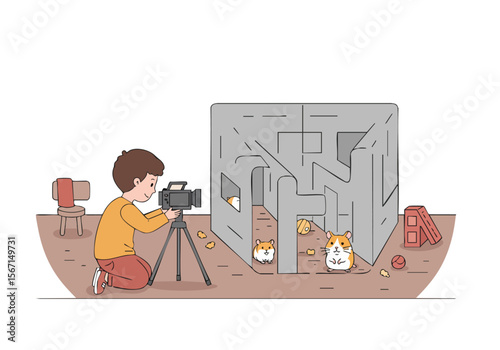 A young boy films a hamster navigating a maze.  Bright, playful scene with a child photographer and two hamsters.  Clear composition, suitable for commercial use.