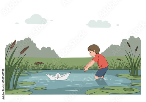 A young boy joyfully launches a paper boat in a tranquil pond, capturing a delightful summer moment. Soft colors and a simple composition create a heartwarming scene.