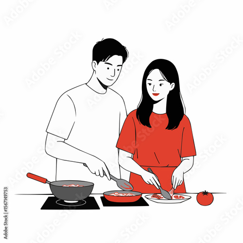 Young Asian couple cooking meal together in kitchen at home  