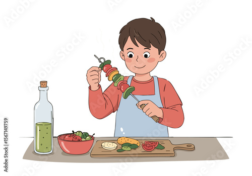 A young boy prepares a colorful vegetable skewer with a smile, showcasing a healthy meal. He wears an apron and holds a dipping sauce. Bright, cheerful scene.