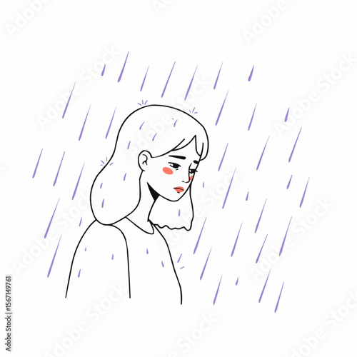 Young woman looking sad in rainy weather with falling raindrops  