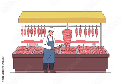 A butcher skillfully prepares shawarma meat at a market stall. Vibrant cuts of meat and a focused worker create a compelling, high-quality image for food and business visuals.