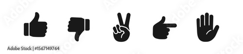 Hand gesture silhouette icon set. thumbs up, peace signs gesture icons collection