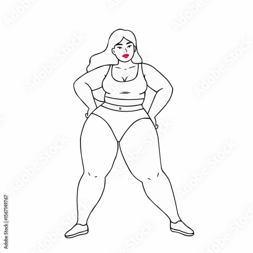 Curvy woman standing confidently with hands on hips in outline style  