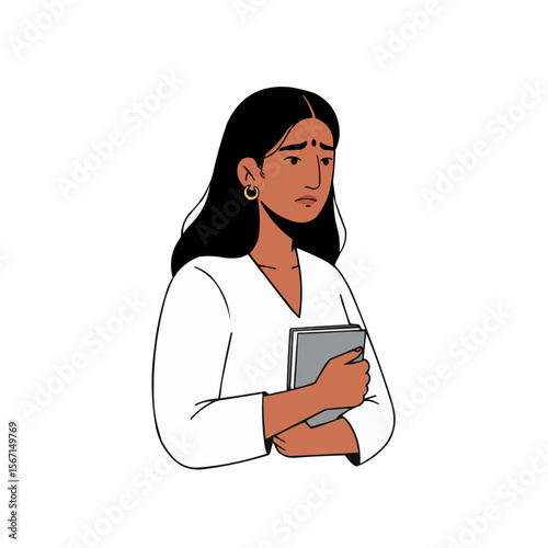 Anxious South Asian woman holding a book with a concerned expression  