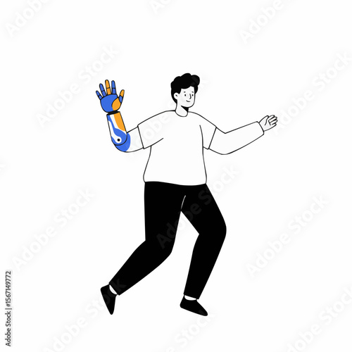Young man running with colorful prosthetic arm and smiling  
