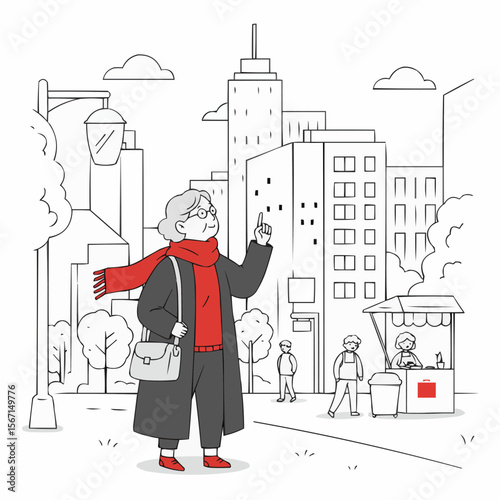 Elderly woman walking in city while holding a smartphone and looking up  