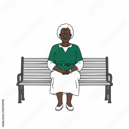 Elderly Black woman sitting on bench with calm expression indoors  