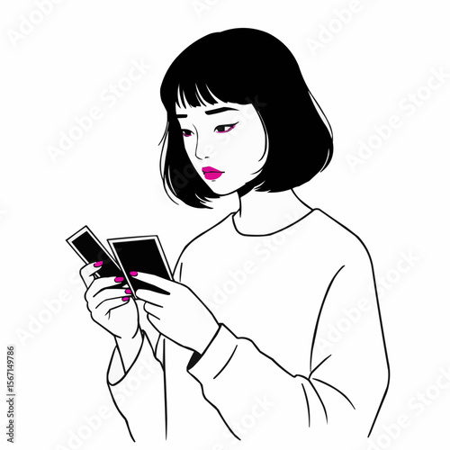 Young woman holding two smartphone devices while looking down  