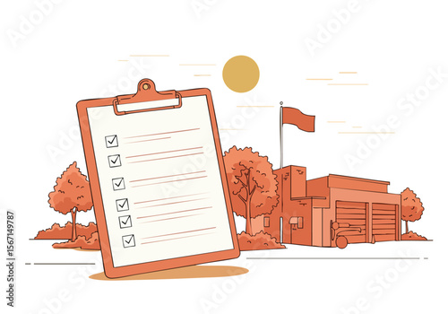 A checklist with fire safety tips sits beside a stylized building and flag. Clean, modern illustration with a warm color palette. Perfect for safety awareness campaigns.